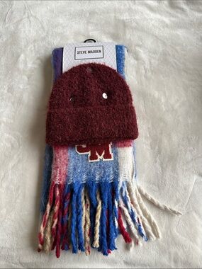 Steve Madden Kids Burgundy Beanie with Blue White Red Tan Fringe Scarf